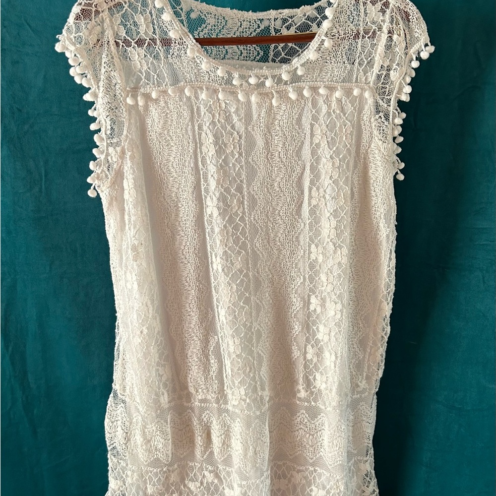 Women’s Swim Coverup Shift Dress White Lace Pom Poms Lined Size L